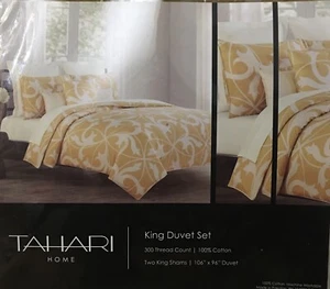TAHARI 3 PIECE DUVET COVER SET King Gold White Geometric 100% Cotton 106”X96” - Picture 1 of 4