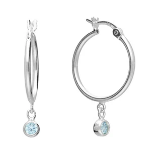 Sterling Silver Aquamarine Hoop Dropper Earrings - MARCH Birthstone - Picture 1 of 5