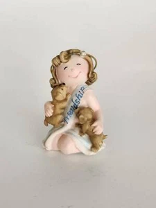 Girl blue ribbon Friendship two puppies golden headband figurine small EUC - Foto 1 di 8