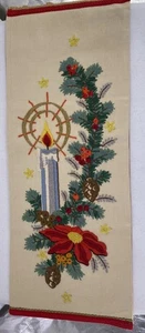 Completed Needlework Christmas Wall Hanging Poinsettia Candle Greenery Vtg - Picture 1 of 14