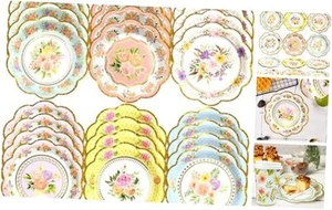  Floral Paper Plates Tea Party Decorations 24 Count Gold Foil Flower Plate  - Picture 1 of 7