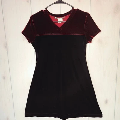 Y2K Maurices Black Burgundy Velvet Colorblock V-Neck Dress Med Whimsigoth Skater - Image 1 of 4