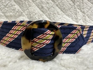 J Crew Mujer Talla M L 100% Seda Azul Marino Rojo Verde Cinturón Dorado/Negro Hebilla Tortuga - Imagen 1 de 12
