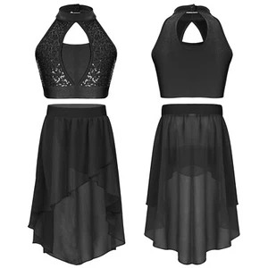 Kids Girls Dress Rhinestone Crop Top With Skirt Modern Leotard Sleeveless Mesh - Picture 1 of 29