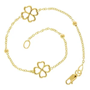 Italian 14k Yellow Gold Flower Lucky Four Leaf Clover Charm Bracelet 7" 2.3grams - Picture 1 of 4