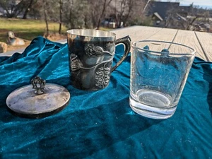 Antique Victorian silver plate art nouveau poppy flower mug cup glass insert lid - Picture 1 of 5