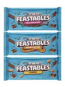 Mr Beast Feastables 3 pack. Milk Chocolate, Peanut Butter, Almond 2.1oz Bars - Picture 1 of 4