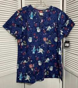 Dickies Womens Scrub Top L Blue Multi Dental Theme NWT Short Sleeve Pockets - Picture 1 of 10