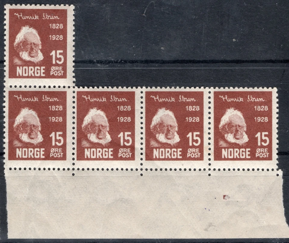 Noruega 1928 2022, NK 160, bloque de 5 Ibsen I, MNH, SC #132, MI 137, SG 200. Foto 1 de 1