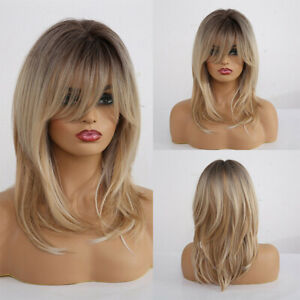 Women's Long Straight Wigs with Bangs Layered Ombre Ash Brown Blonde Hair