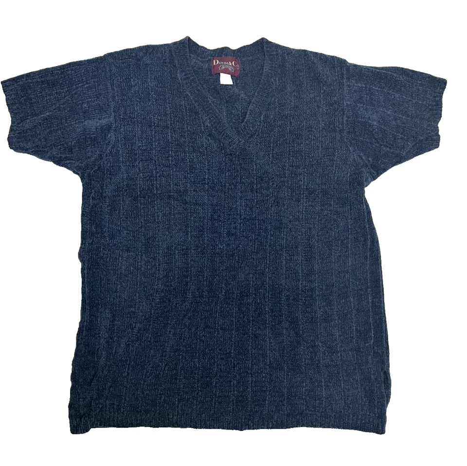 Denim & Co Blue Ribbed Knit Short Sleeve Sweater Women's Large V Neck - Image 1 of 4