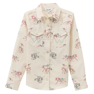 112371871 Wrangler Girls' Western Long Sleeve Snap Shirt - White Print NEW - Image 1 of 2