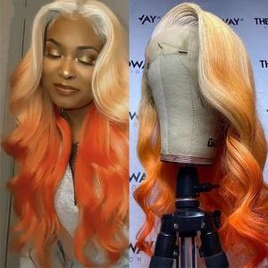 Long Ombre Blonde to Orange Wavy Wig 100% Human Hair Lace Front Wigs Pre Plucked - Picture 1 of 5