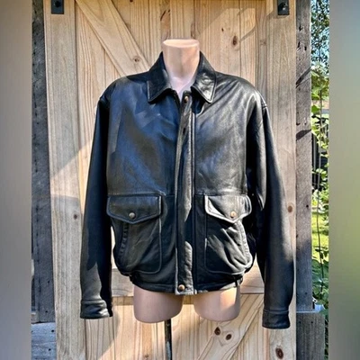 Vintage Nautica Mens Black Soft Genuine Leather Aviator Flight Bomber Jacket~44~ - Image 1 of 4