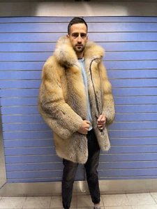 Luxury Full Skin Golden Island Fox Fur Mens Coat Real Fur Jacket Full Skin Fox - Picture 1 of 10