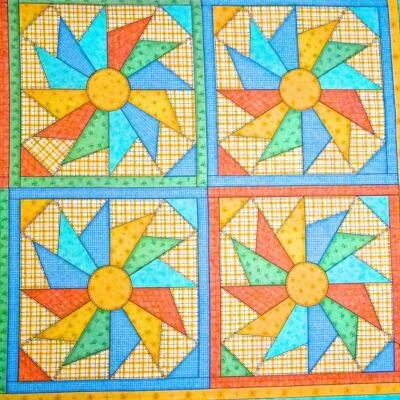 33" X 44" Quilt Blocks Panel Rainbow of Colors, Orange, Gold, Aqua, Blue & Green - Image 1 of 3