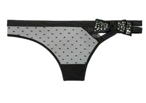 Victoria's Secret schwarzer luxuriöser Tanga Höschen Gr. L Satin Strass Schleife Tupfen - Bild 1 von 3
