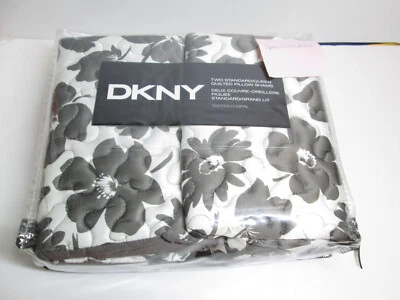 New DKNY Set of 2 Standard/Queen Quilted Shams TOSSED FLORAL Dark Gray and Ivory - Image 1 of 4