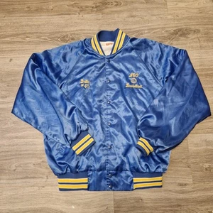 Vintage 80s Hartwell Blue Satin Bomber Button Snap Jacket Large Made In USA - Picture 1 of 10