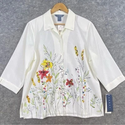 Koret NWT Blouse Sz Large White Watercolor Floral 3/4 Sleeves Button Up Stretch - Image 1 of 4