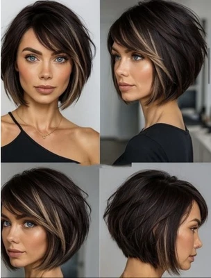 Highlight Brown Bob Straight 100% Human Hair Wigs Lace Front Wig 13x4 - Image 1 of 3