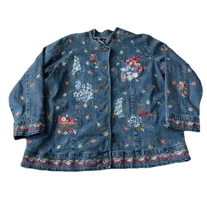 Denim & Co Jacket Women’s 1X Blue Embroidered Button Up Boho Casual - Picture 1 of 11