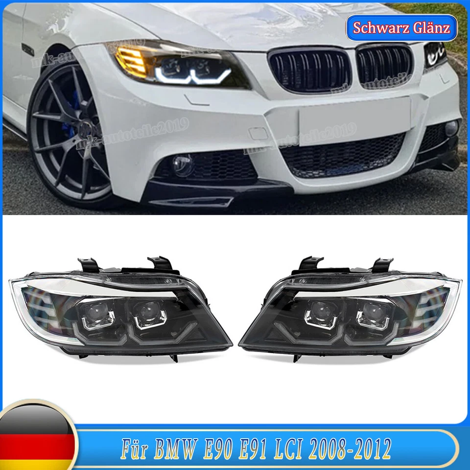 Xenon Scheinwerfer 3D Angel Eyes für BMW 3er E90 E91 LCI 09-12 Schwarz Blinker - Bild 1 von 4