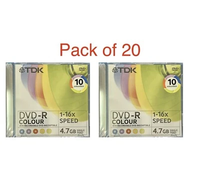 20 x TDK DVD-R Colour Blank DVD Discs 16x 4.7GB 120 mins Jewel Coloured Case - Image 1 of 2