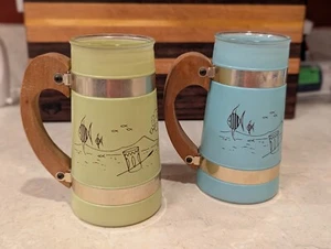 (2) MCM Siesta Ware TIKI BAR Mugs Pastel Yellow & Blue Wood Handles - Picture 1 of 5