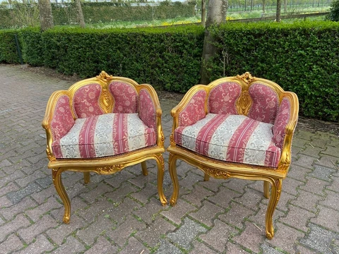 French Louis XVI Style Bergere Chairs in Striped Damask-A Pair Cover
