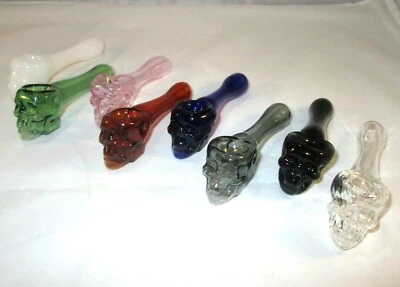 4" Tobacco Smoking Pipe Skull Face Blown Glass Choose from Multiple Colors - Image 1 of 4