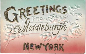 11. GREETINGS Middleburgh, NY, in rilievo, affrancato primi anni '900, retro indiviso - Foto 1 di 2