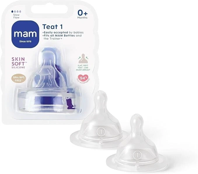MAM Slow Flow Teats Size 1 - Fits all MAM Baby Bottles (Newborn) Pack of 2