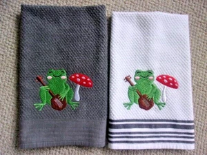 FROG WITH TOADSTOOL PLAYING BANJO HANDMADE EMBROIDERY HAND TOWEL SET OF 2 - Picture 1 of 5