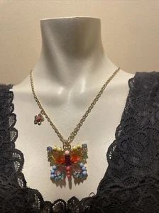 Betsey Johnson Gold Tone Slide Love Fest Butterfly Multicolored Crystal Necklace - Picture 1 of 12