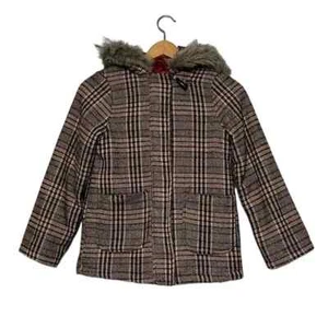 Girls Coat Size 10 Plaid Wool Blend Faux Fur Hood Full Zip Jessica Simpson - Picture 1 of 10