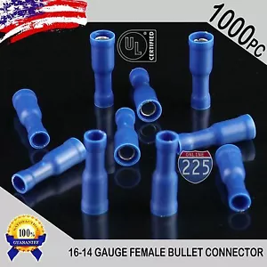 1000 Pack 16-14 Gauge Blue Female Bullet Connectors Fully Insulated Vinyl .156" - Picture 1 of 1