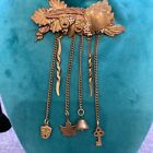 Vtg Rare Brass Repousse Statement Brooch 6 Dangles Chatelaine Chain Bell Rings