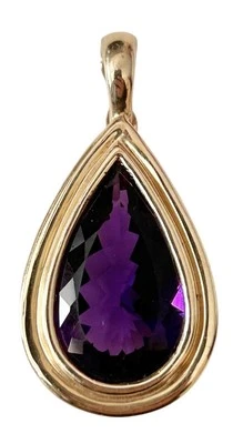 14K YELLOW GOLD FACETED PEAR SHAPED 20mm X 11.5mm AMETHYST PENDANT CAGED BACK - Image 1 of 4
