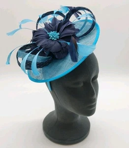 Womens Jacques Vert Navy Blue Turquoise Floral Fascinator Ascot Wedding Boxed - Picture 1 of 16
