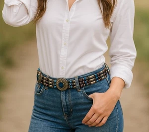 Alter Hippie Gürtel Concho Perlen Schmuck Zigeuner Indianer Damen Vintage Western Mod - Bild 1 von 14
