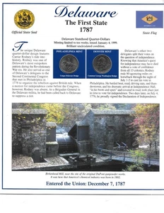 1999 Delaware BU P&D Postal Commemorative Society Statehood Quarters & Stamps - Picture 1 of 2