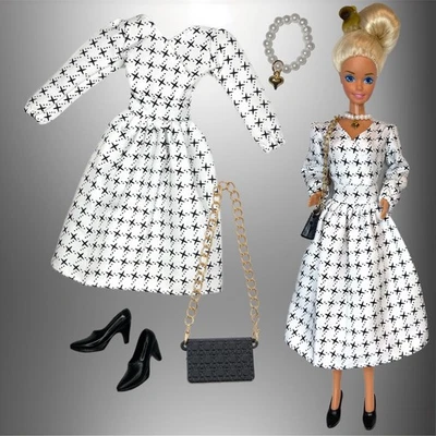 Eledoll Fashion Pack Clothes for 12 inch Doll Black White Dress for 1966 Body