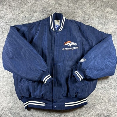 Jaqueta Bombardeiro de Cetim Masculina Vintage Starter Denver Broncos Azul EUA Botão Acolchoado - Imagem 1 de 4