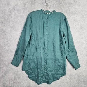 Top túnica Eileen Fisher S verde lino camisa abotonada manga larga lavable - Imagen 1 de 19