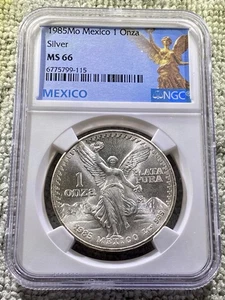 1985 MEXICO SILVER LIBERTAD 1 ONZA NGC MS 66 GREAT 1 OZ Mint Slab - Picture 1 of 2