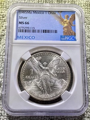 1985 MEXICO SILVER LIBERTAD 1 ONZA NGC MS 66 GREAT 1 OZ Mint Slab - Image 1 of 2