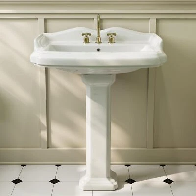 Fregaderos de pedestal de baño Simple Project - Fregadero de pedestal blanco vintage con desbordamiento Foto 1 de 4