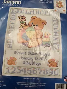 Stamped Cross Stitch bear birth sampler kit SEALED! letters name date - Picture 1 of 4
