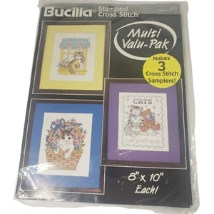 Punto de Cruz Estampado Bucilla 3 Diseños 64181 Cat Lovers Delight 8x10 De Colección 1994 - Imagen 1 de 8